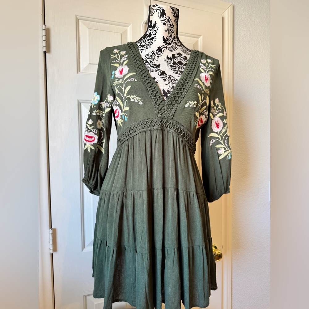 Francesca's Olive Green Embroidered V-Neck Tiered Dress - Picture 5 of 10